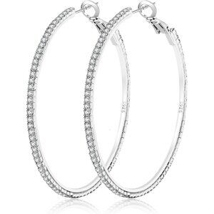 Women Silver Sterling Large Rhinestone Hoop Earrings Big Cubic Zirconia Hoop